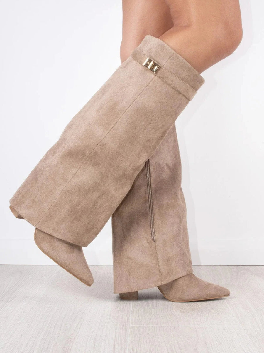 Elegant Women's Knee-High Suede Boots - Black, Beige, Brown, Leather, Size Variants