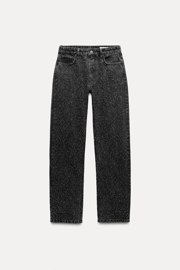 Sparkle Wide Leg Jeans Denim High Waist Rhinestone Embellished Women's